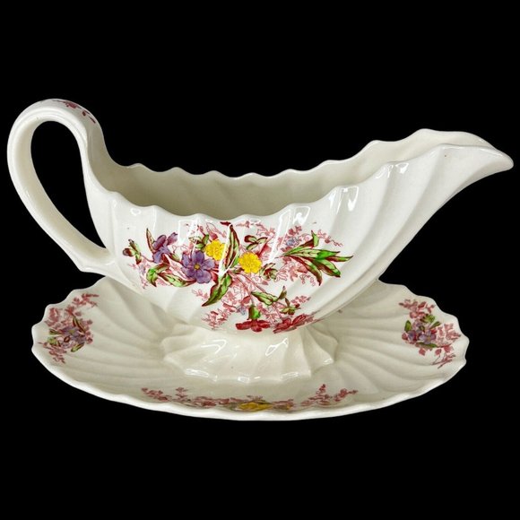 Copeland Spode Fairy Dell Gravy Boat Attached Underplate Made England Pink - Picture 7 of 12